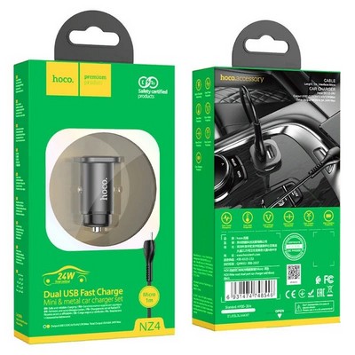 Разделитель автомобильный Hoco NZ4 Wise road 24W dual port PD car charger с кабелем MicroUSB (2USB: 5V & 2.4A 12W/ total output 24W) Черный - фото 24302