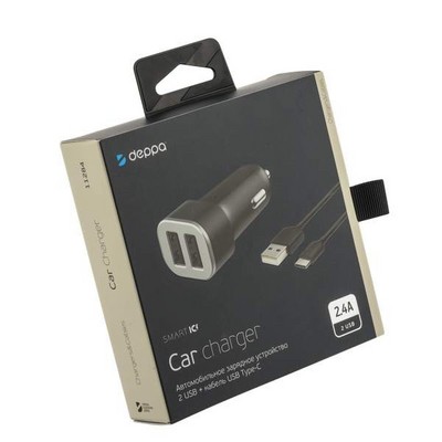 Разделитель автомобильный Deppa Car charger 2.4A D-11284, кабель Type-C 1.2m 12/24V (2USB: 5V/2.4A) Черный - фото 6711