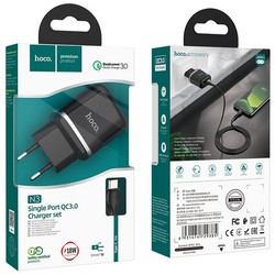 Адаптер питания Hoco N3 Special single port QC3.0 charger с кабелем Type-C (USB: 3.6-6.5V 3.0A/6.6-9V 2.0A/ 18W) Черный