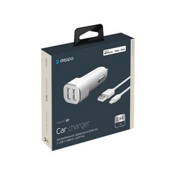 Разделитель автомобильный Deppa Car charger 2.4A MFI D-11291, дата-кабель 8-pin Lightning 1.2m 12/24V (2USB: 5V/2.4A) Белый